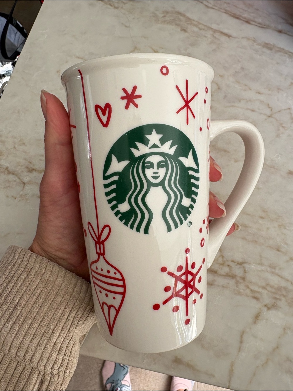 Starbucks White Ceramic Mug with Green Logo and Red Holiday Motifs